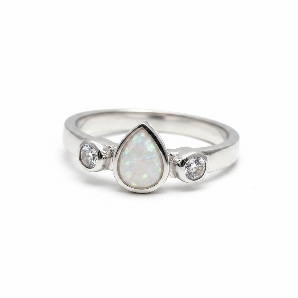 Mini pear double gem 925 silver ring with white pearl opal resin in 7x5mm pear setting on white background