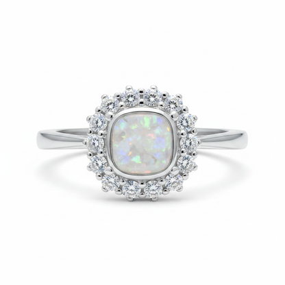 925 sterling silver cushion cut halo memorial ring with white pearl opal and mica shimmer in cushion resin setting on white background