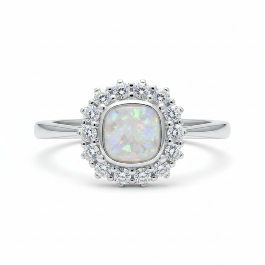 925 sterling silver cushion cut halo memorial ring with white pearl opal and mica shimmer in cushion resin setting on white background