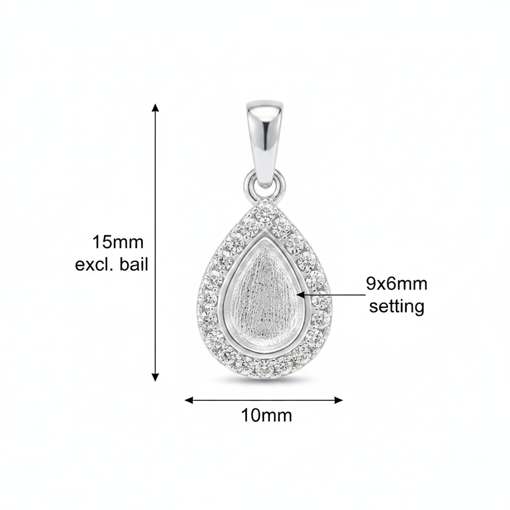 Silver 925 CZ halo teardrop memorial pendant dimensions — 15x10mm excl. bail, 9x6mm pear setting