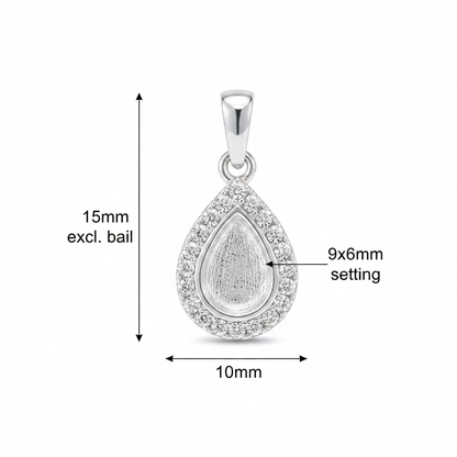 Silver 925 CZ halo teardrop memorial pendant dimensions — 15x10mm excl. bail, 9x6mm pear setting