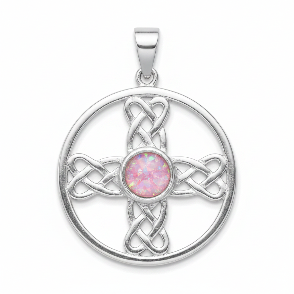 Silver 925 Celtic cross circle memorial pendant with pink opal flakes, white background