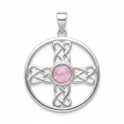 Silver 925 Celtic cross circle memorial pendant with pink opal flakes, white background