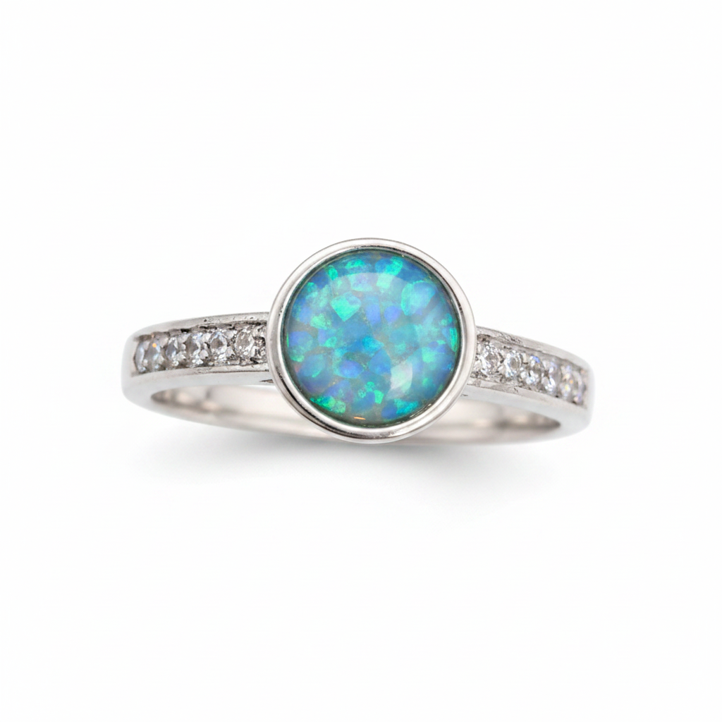 Multi gem round 6mm CZ 925 silver ring with blue teal opal resin in round centre setting on white background