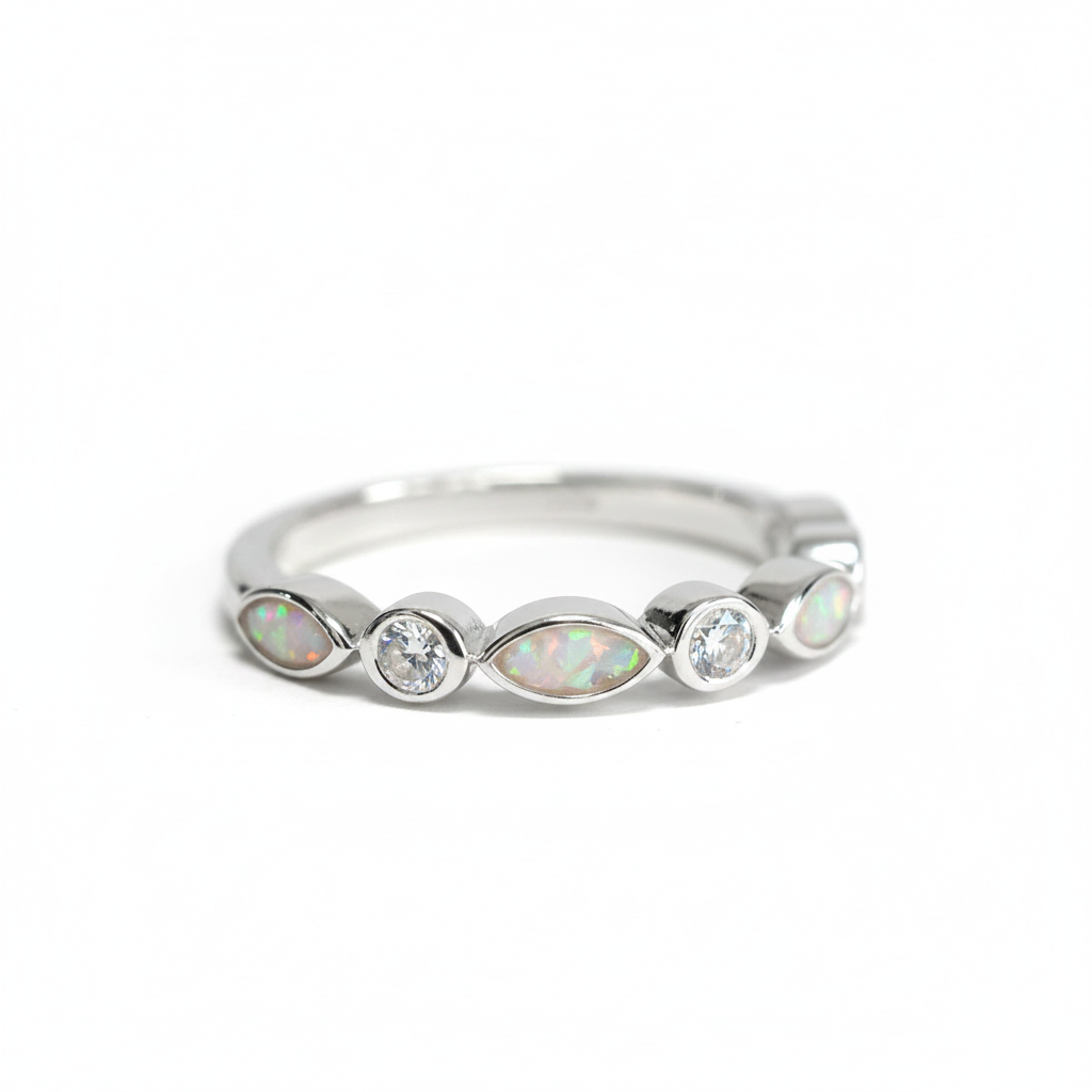 925 sterling silver set eternity memorial ring with white pearl opal flakes in almond bezels