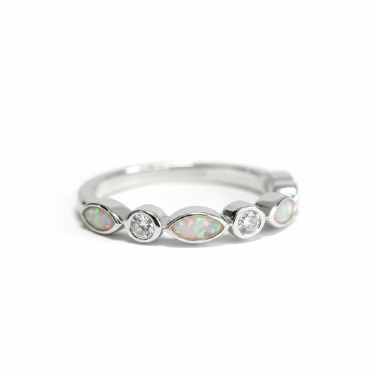 925 sterling silver set eternity memorial ring with white pearl opal flakes in almond bezels