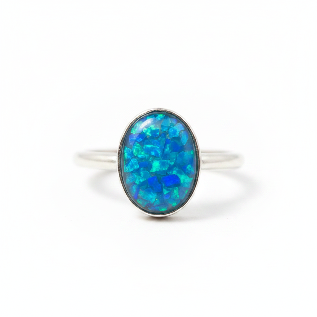 925 sterling silver oval cabochon memorial ring with blue teal opal flakes in oval bezel on white background
