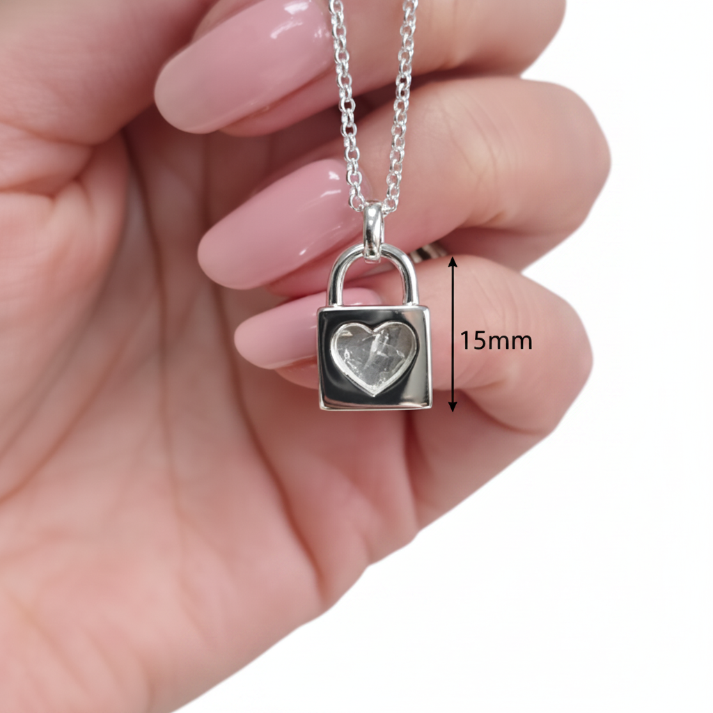 Heart Padlock Pendant Necklace 925 Sterling Silver dimensions guide showing 15mm height