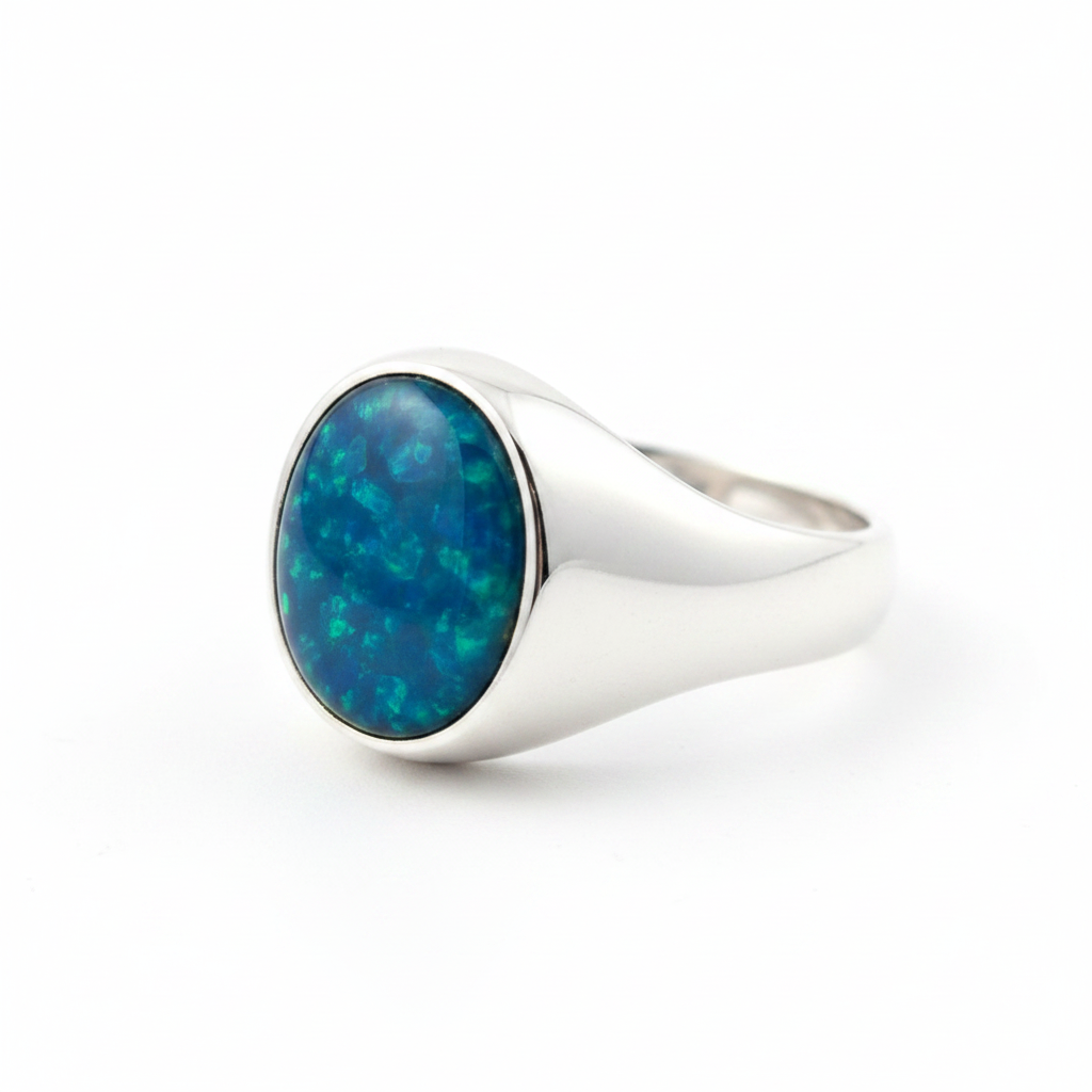 Silver 925 ladies seal signet memorial ring — blue teal opal flakes resin in 10x8mm oval setting, smooth domed signet band