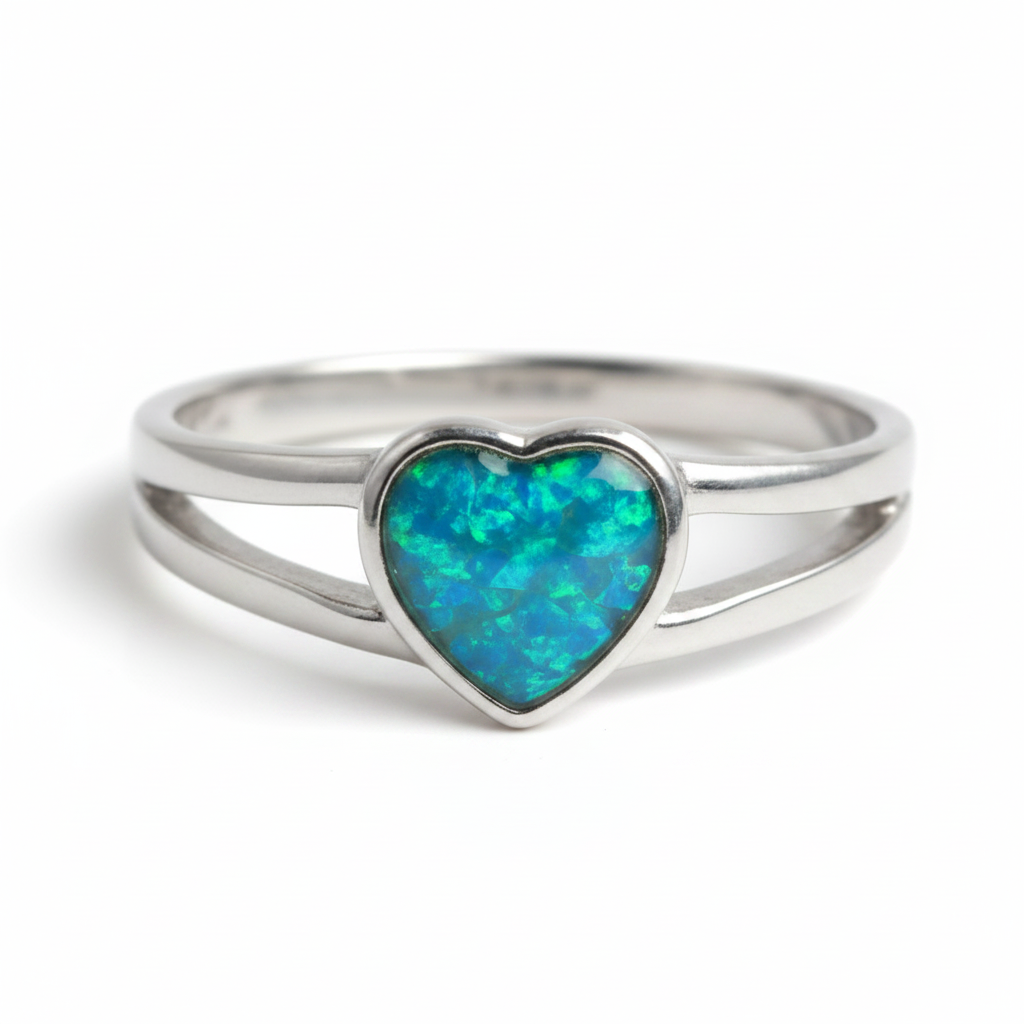 Split shank heart 925 silver ring with blue teal opal resin front view on white background