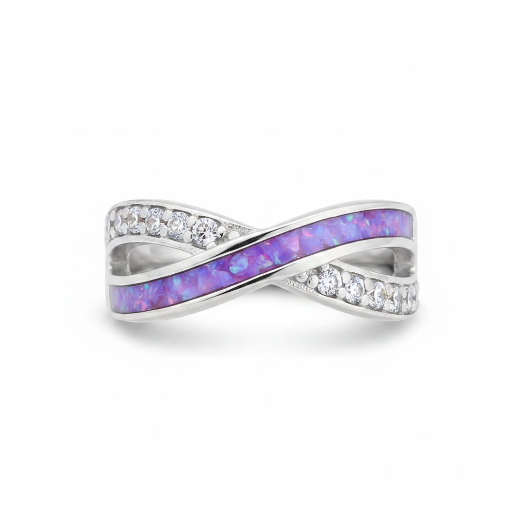 Infinity wave CZ 925 silver ring with lavender purple opal resin in central channel on white background