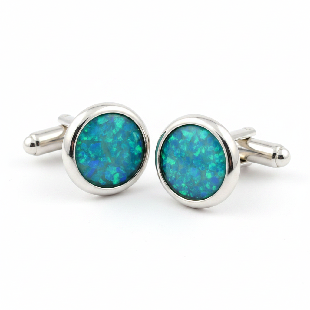Silver 925 round cufflinks with blue teal opal resin in 10mm bezel setting on white background