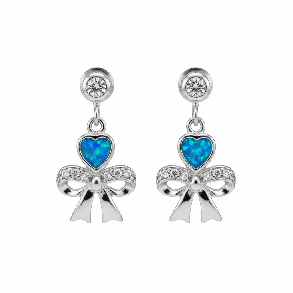Silver 925 CZ Bow & Heart Drop Memorial Earrings with blue opal flakes
