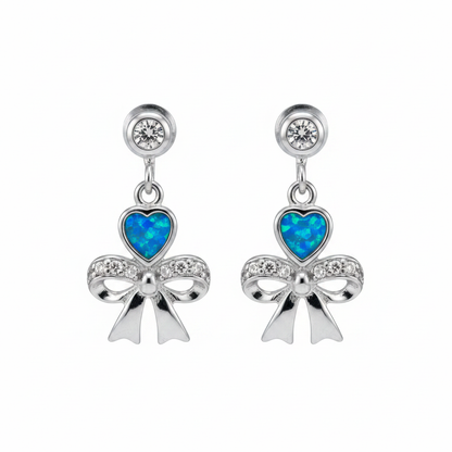 Silver 925 CZ Bow & Heart Drop Memorial Earrings with blue opal flakes