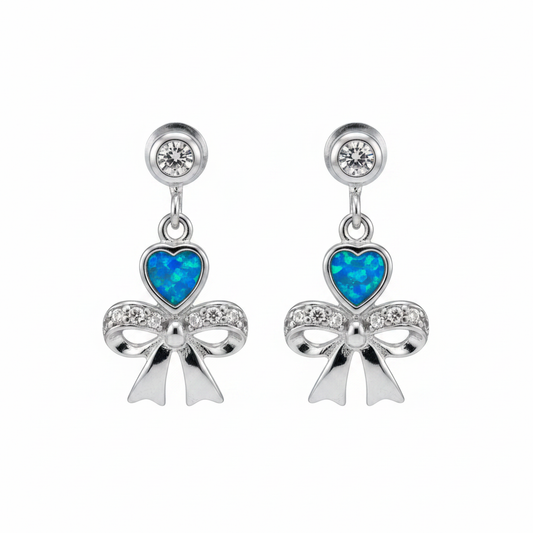 Silver 925 CZ Bow & Heart Drop Memorial Earrings with blue opal flakes