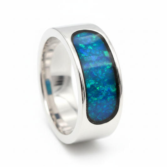 Rounded 8mm Channel Band 925 Silver Ring with blue teal opal resin, proportionate channel, pure white background