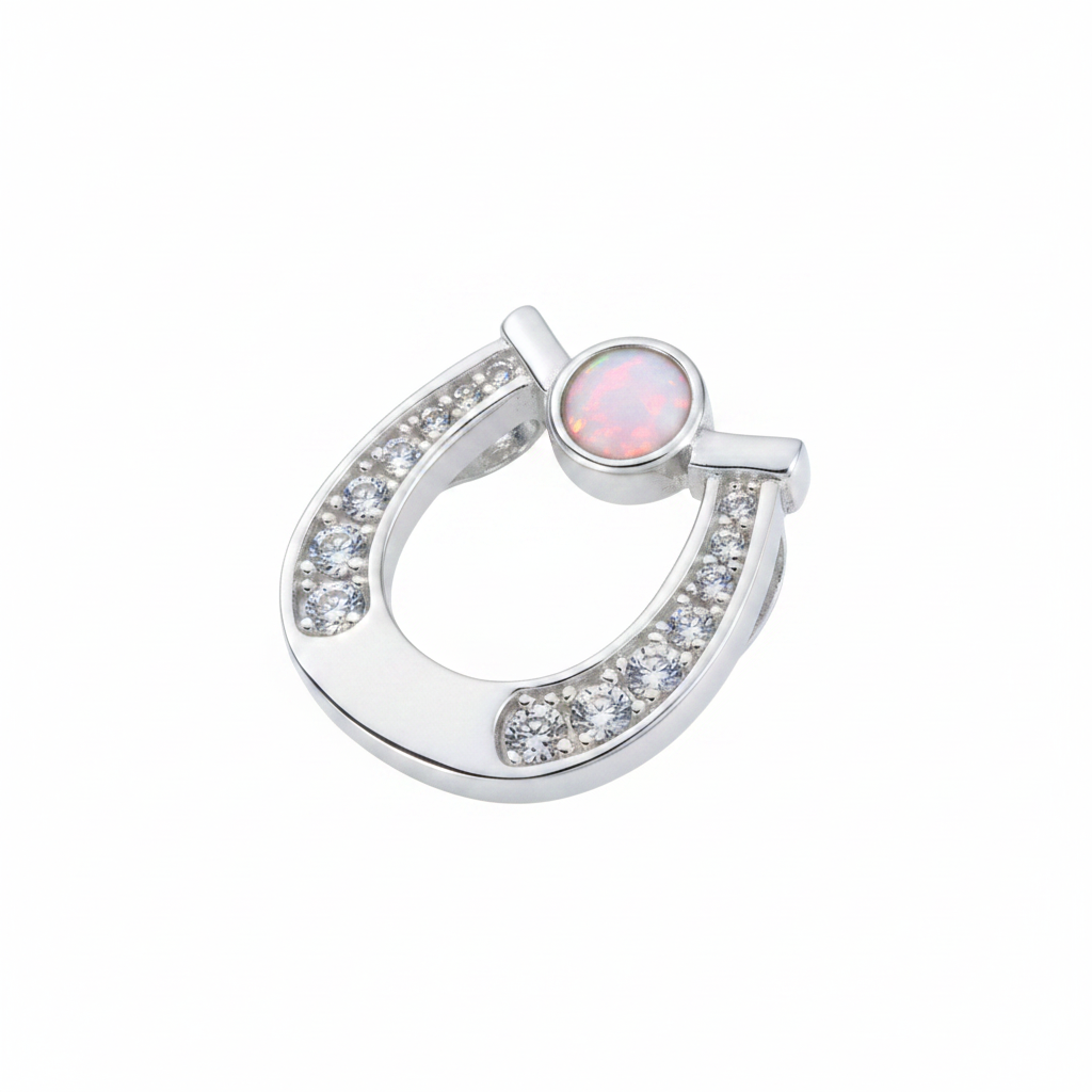Silver 925 CZ horseshoe memorial pendant with pink opal flakes, white background