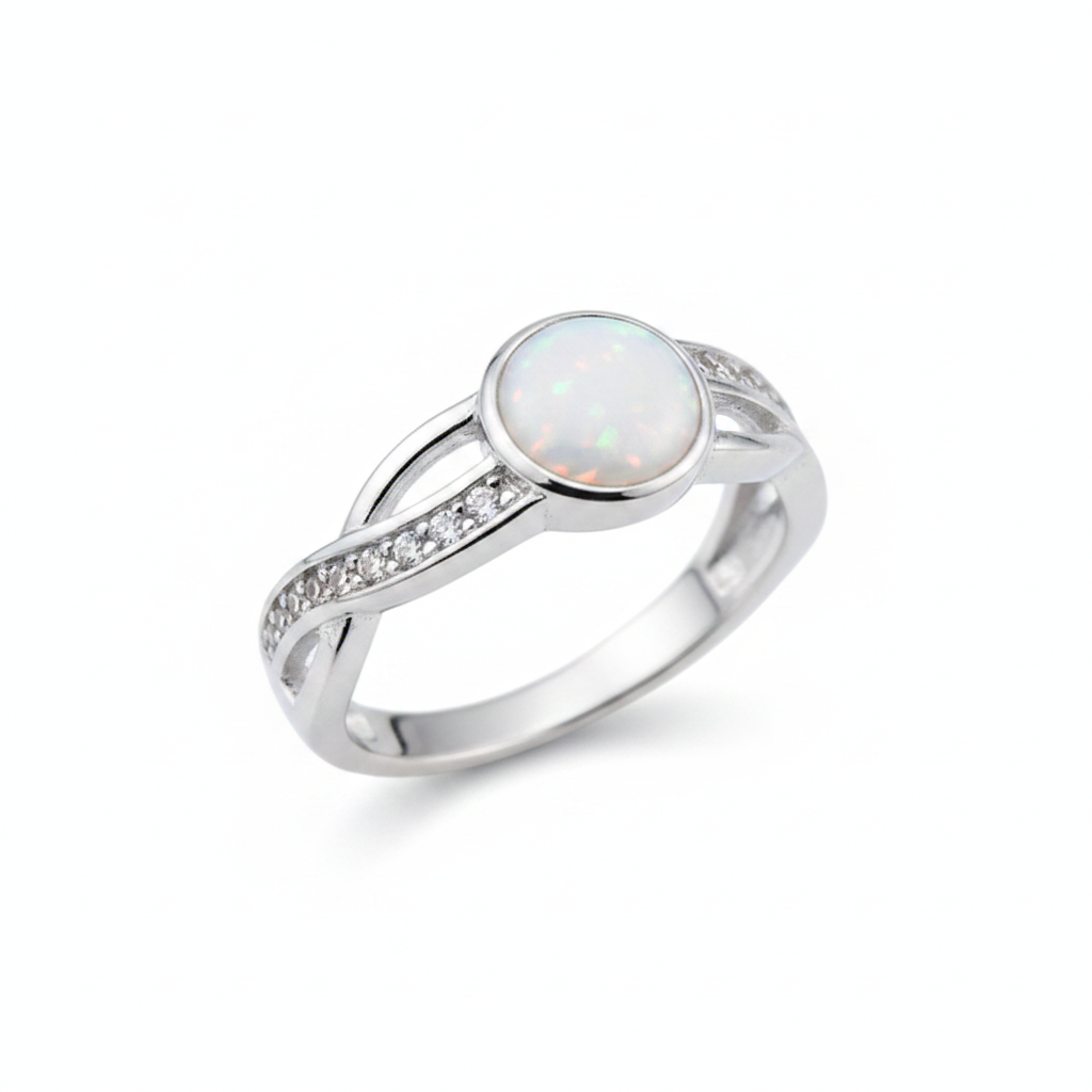 Silver 925 entwined CZ band memorial ring — white pearl opal flakes resin in 6mm round centre setting