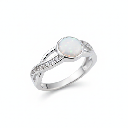 Silver 925 entwined CZ band memorial ring — white pearl opal flakes resin in 6mm round centre setting