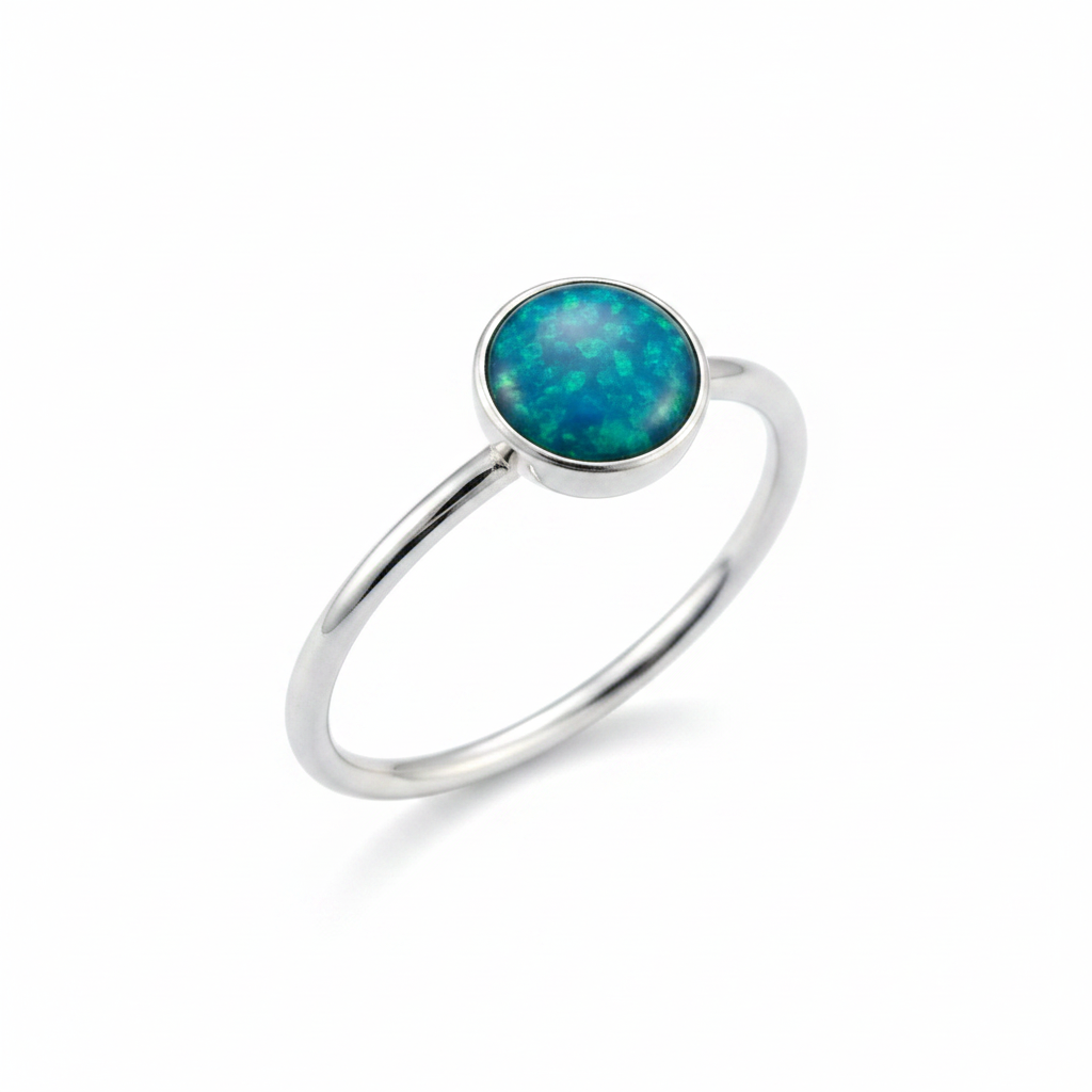 Silver 925 delicate stacker memorial ring — blue teal opal flakes resin in 6mm round setting, ultra-fine wire band