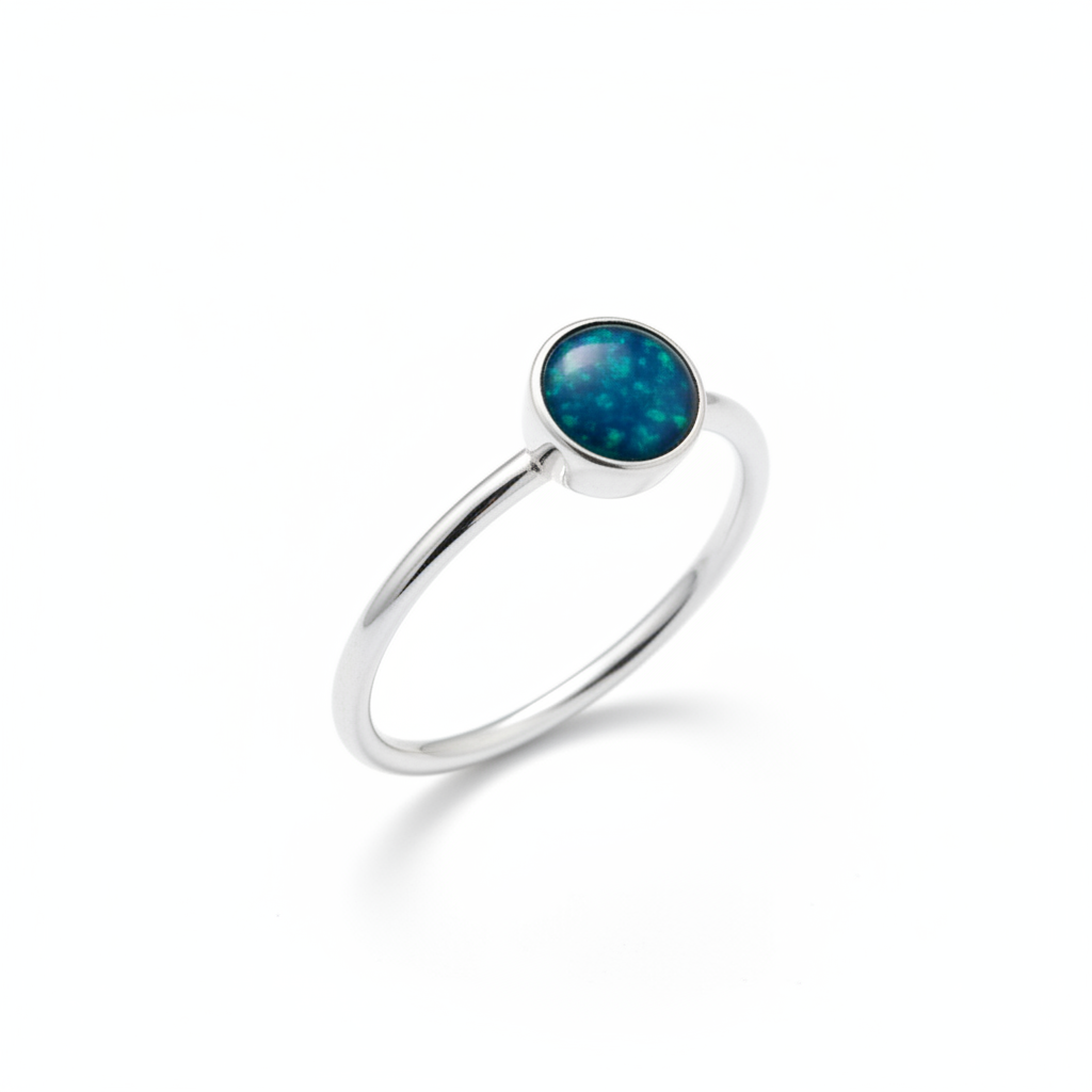 Silver 925 plain stacker memorial ring — blue teal opal flakes resin in 4mm round setting, ultra-fine wire band