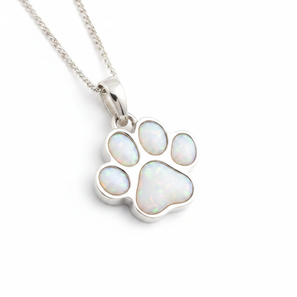 Silver 925 Dog Paw Print Memorial Pendant with white pearl opal resin inclusion — white background