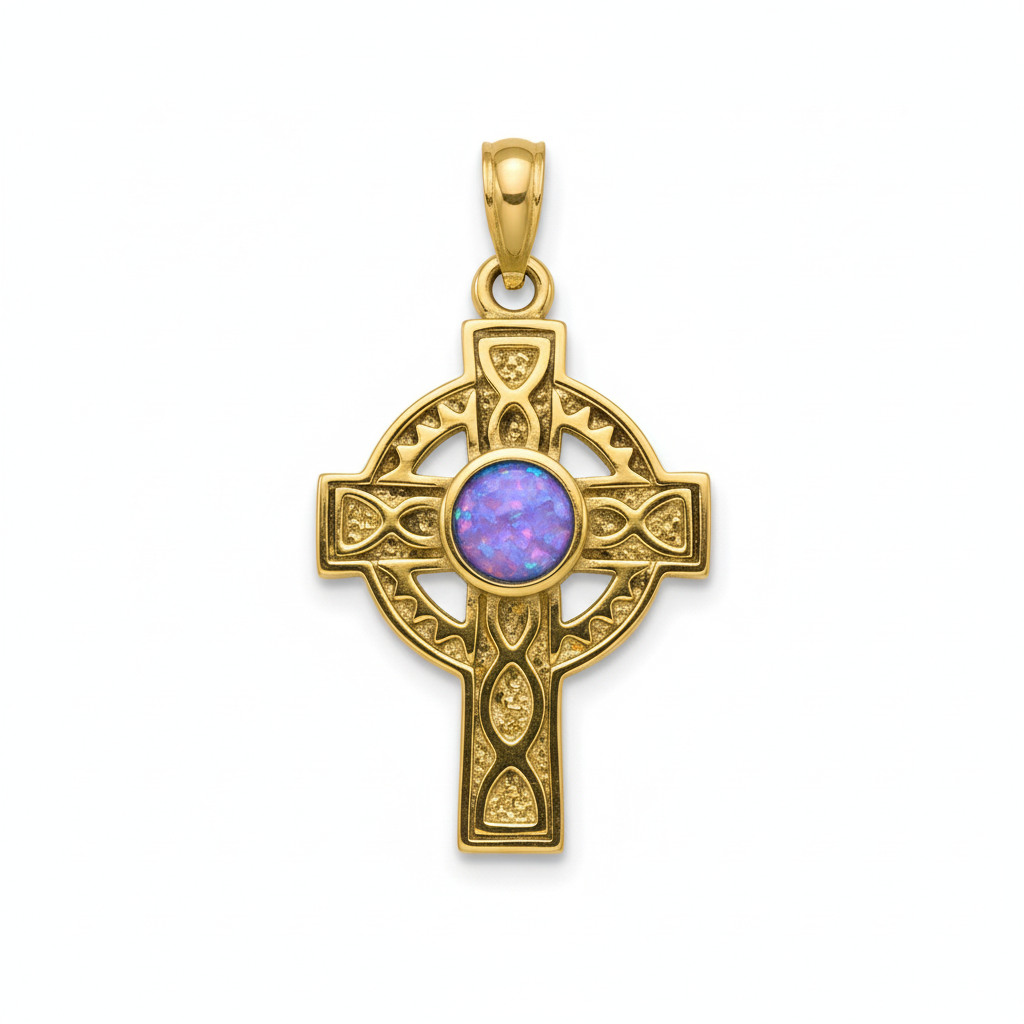 9ct gold Celtic cross memorial pendant with lavender iridescent opal flakes – white background
