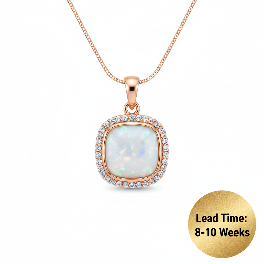 9ct rose gold CZ cushion memorial pendant with white pearl opal resin, matching blank shape, white background, lead time 8-10 weeks