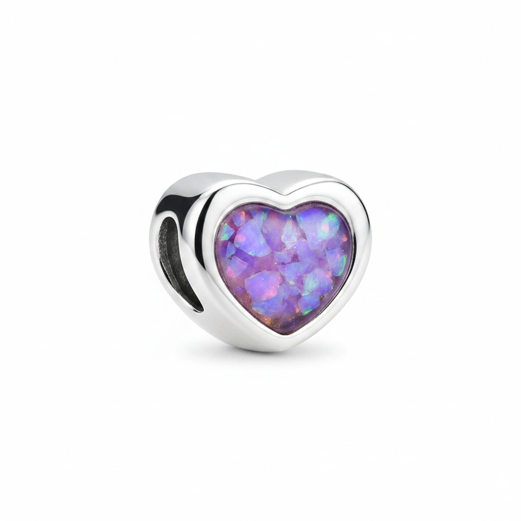 Thick Trim 925 Silver Heart Memorial Charm – purple lavender opal inclusion, charm only