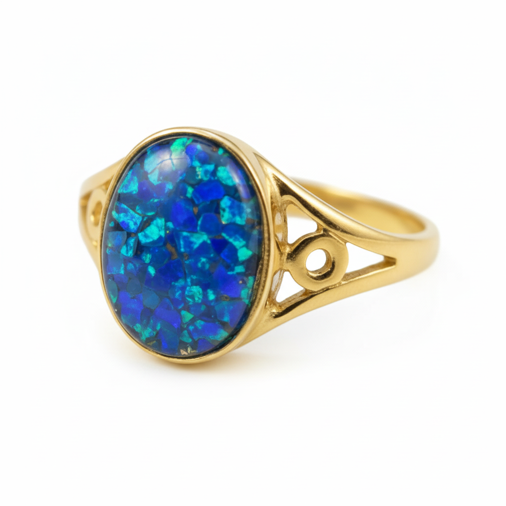 9ct gold oval signet memorial ring with blue opal resin