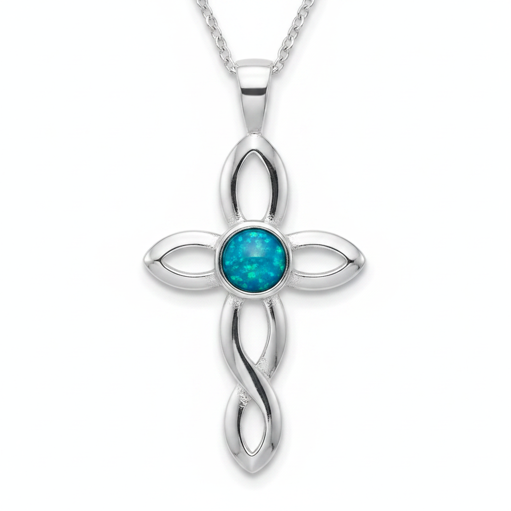 Silver 925 twisted cross memorial pendant — blue teal opal flakes resin in 4mm round centre setting