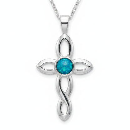 Silver 925 twisted cross memorial pendant — blue teal opal flakes resin in 4mm round centre setting