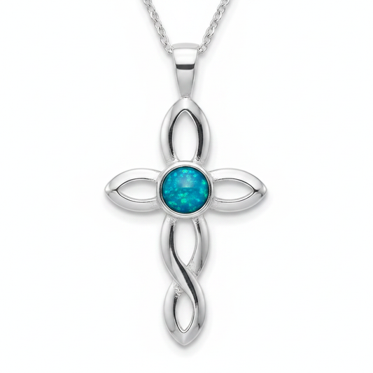 Silver 925 twisted cross memorial pendant — blue teal opal flakes resin in 4mm round centre setting