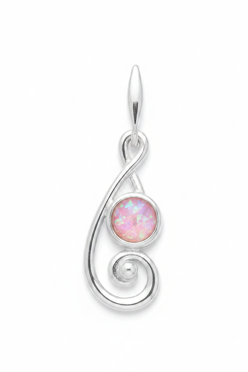 Silver 925 scroll memorial pendant with pink opal flakes, white background