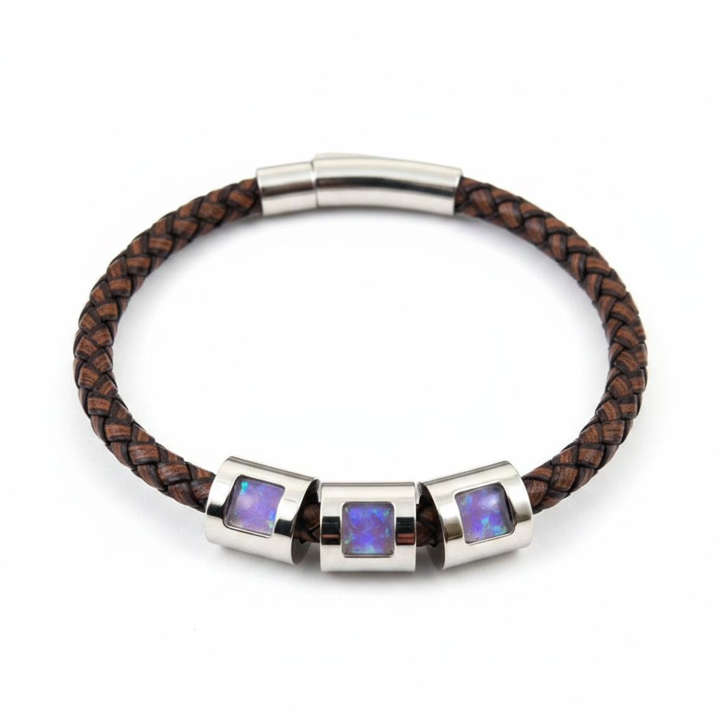 Genuine brown leather memorial bracelet with three lavender purple opal resin beads