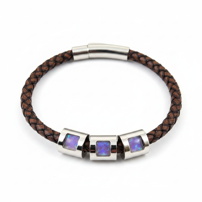 Genuine brown leather memorial bracelet with three lavender purple opal resin beads