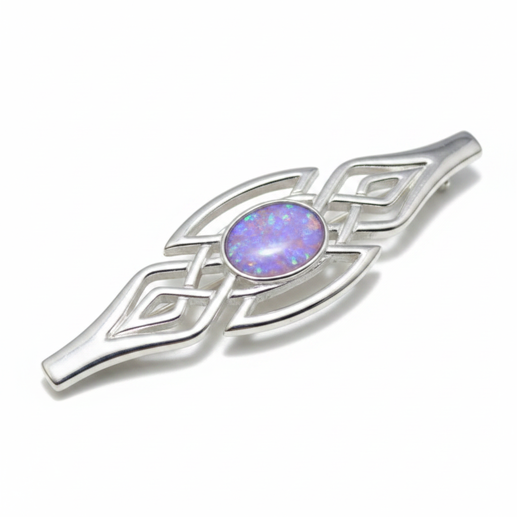 Silver 925 Celtic bar brooch with lavender purple opal resin in 8x6mm central setting on white background