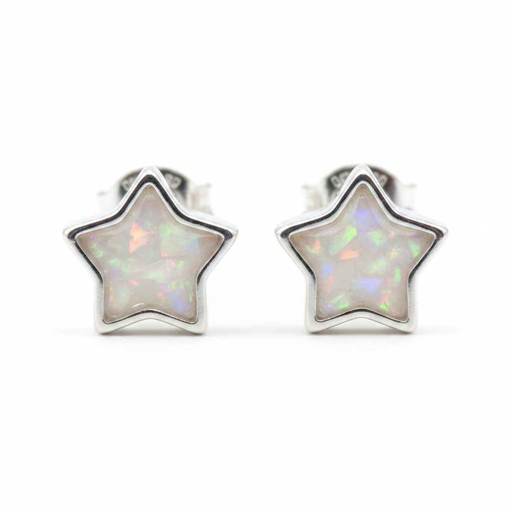 Silver 925 star memorial stud earrings — white pearl opal flakes resin in star-shaped setting