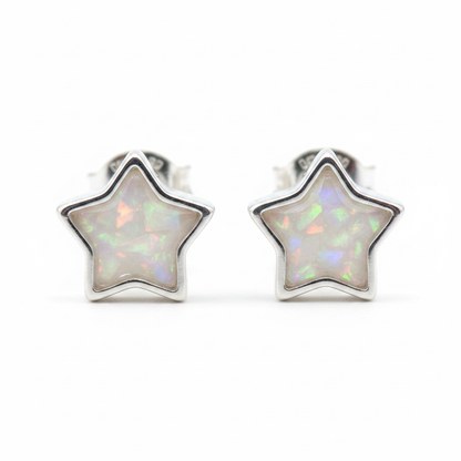Silver 925 star memorial stud earrings — white pearl opal flakes resin in star-shaped setting