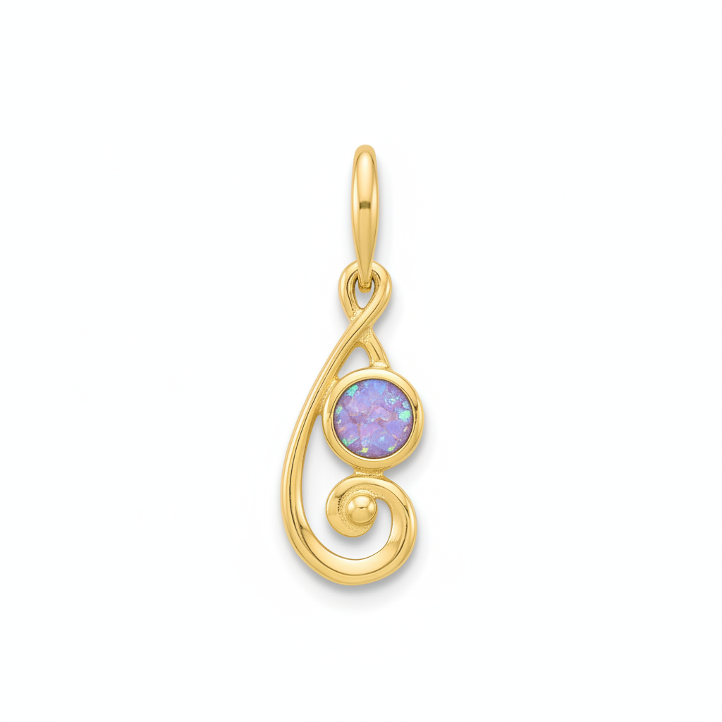 9ct gold swirling scroll memorial pendant with lavender iridescent opal flakes – white background