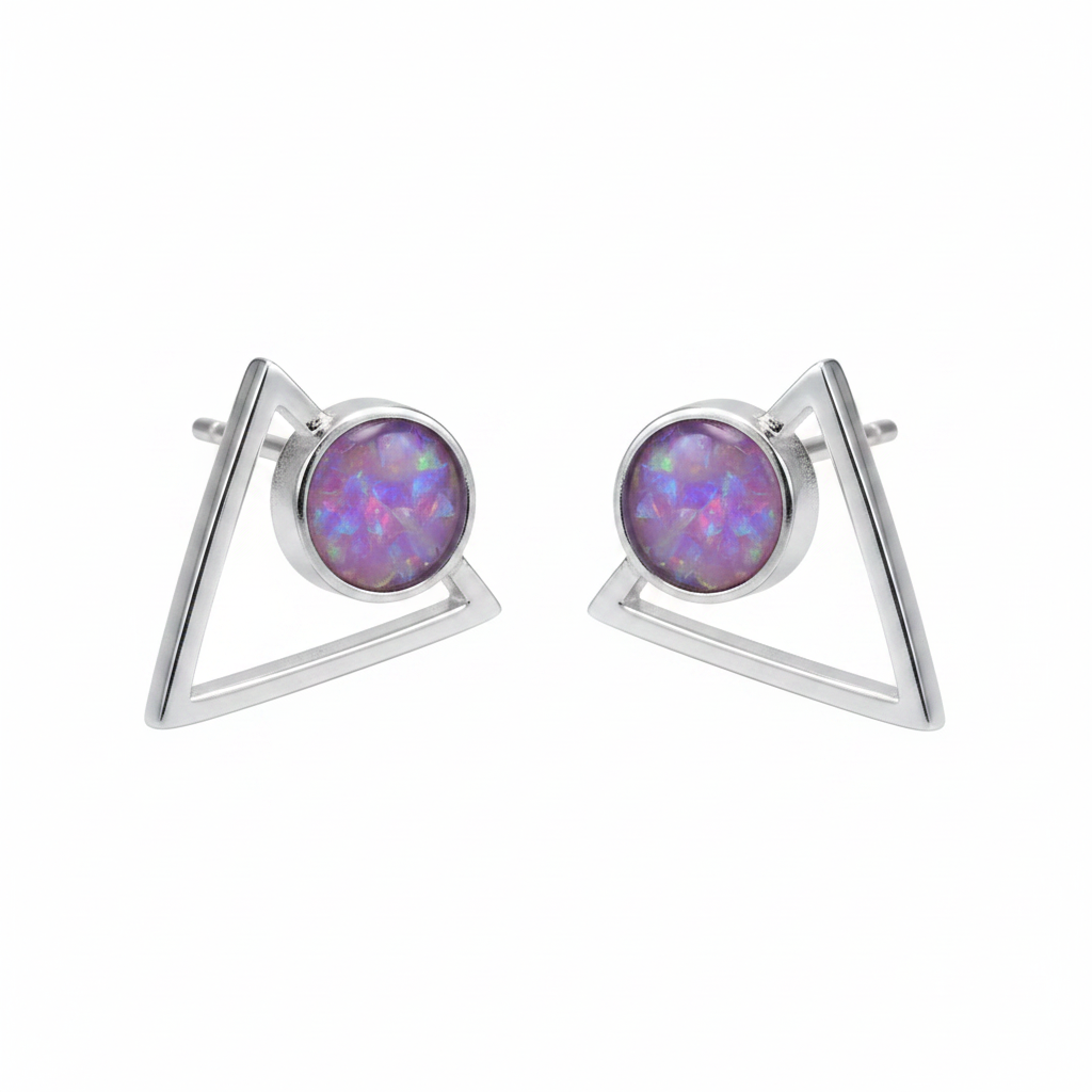Silver 925 triangle memorial stud earrings — lavender purple opal flakes resin in 5mm round setting