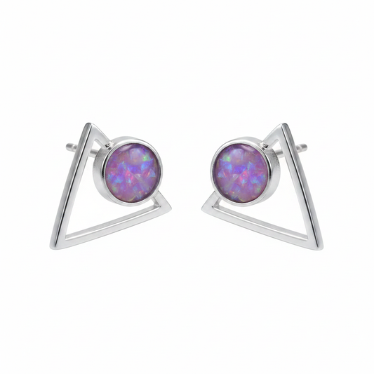 Silver 925 triangle memorial stud earrings — lavender purple opal flakes resin in 5mm round setting