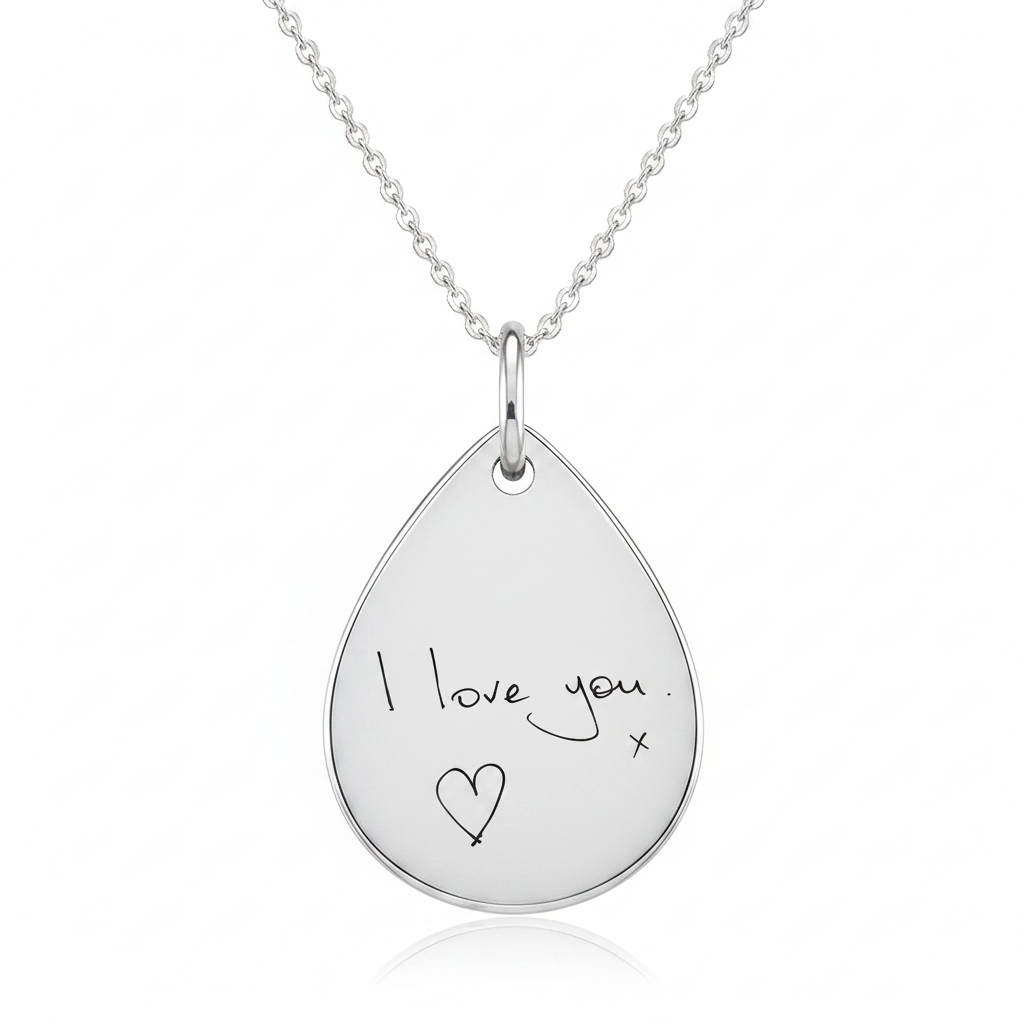 925 sterling silver teardrop pendant with original handwriting laser engraved on bail ring and silver chain — Lovely Oxford