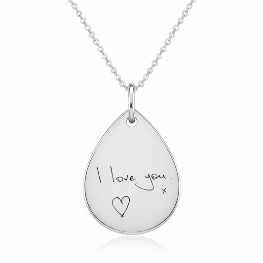 925 sterling silver teardrop pendant with original handwriting laser engraved on bail ring and silver chain — Lovely Oxford