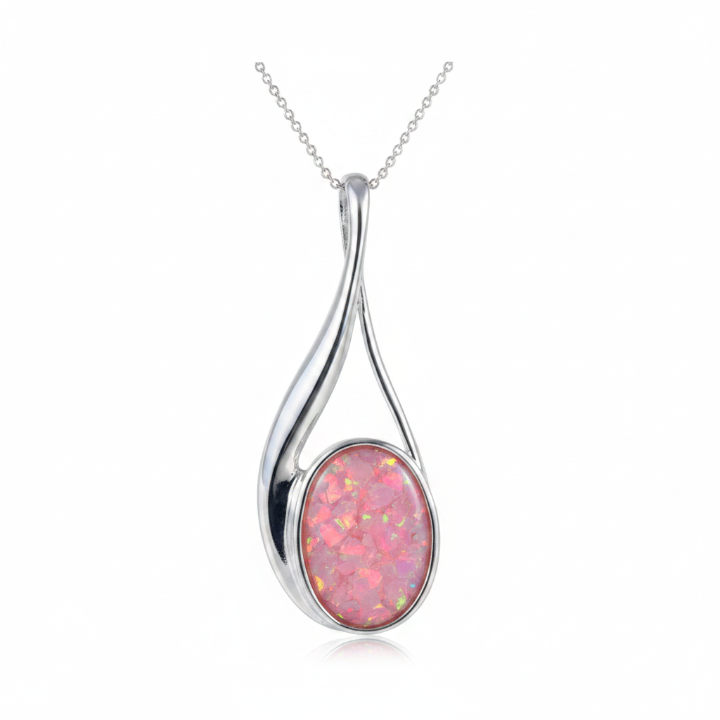 Elegant silver 925 teardrop twist memorial pendant with pink opal flakes, white background