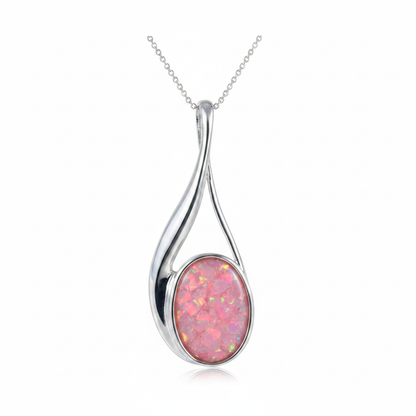 Elegant silver 925 teardrop twist memorial pendant with pink opal flakes, white background
