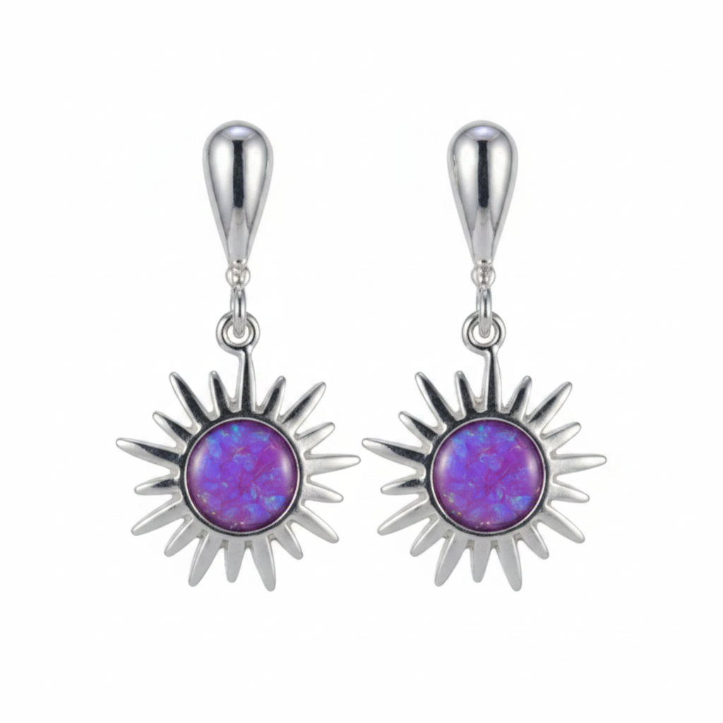 Silver 925 rising sun drop earrings - lavender purple opal resin