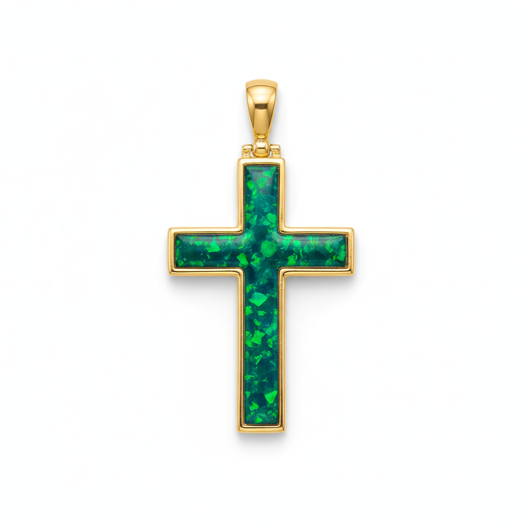 9ct gold cross memorial pendant with green iridescent opal flakes – white background