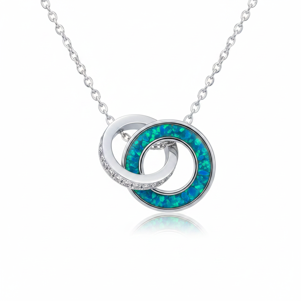 Silver 925 interlocking ring memorial pendant — blue teal opal flakes in resin channel ring
