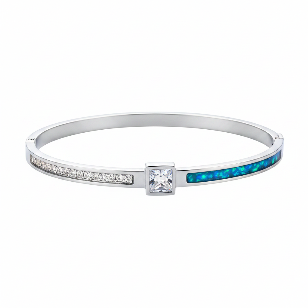 Zircon quarter fill stainless steel memorial bangle with blue teal opal resin inclusion - ashes hair fur keepsake